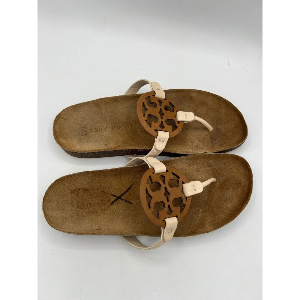 Tory Burch Miller Cloud Leather Thong Sandals Brown Cream Cork Insole Sz 10 EUC